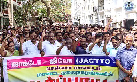 Members of the Joint Action Council of Tamil Nadu Teachers Organisations-Government Employees Organisation (JACTO-GEO) during a protest in Chennai (Photo: Hemanathan M) 
