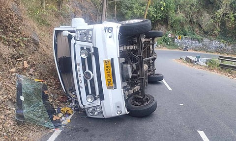 Mangled remains of overturned tourist vehicle on Yercaud