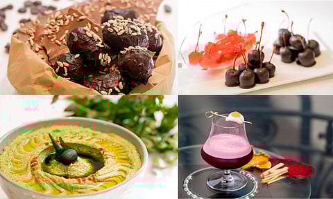 L to R: Chocolate- Fennel, Curry Leaf Hummus (B), Chocolate and Maraschino Cherry, Walnut whiskey+Orange juice+Beetroot juice and Egg white (B)