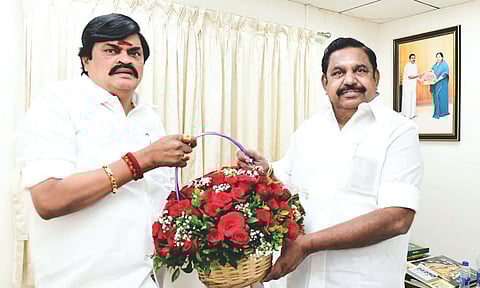 Former minister KT Rajenthra Bhalaji with AIADMK chief Edappadi Palaniswami at his Chennai camp office on Monday