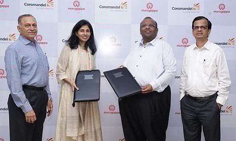 (L-R) KS Raju, founder, Nagarjuna Group; K Lakshmi Raju, chairperson & non-executive director, NACL Industries; Arun Alagappan, executive chairman, Coromandel International; S Sankarasubramanian, MD-CEO, Coromandel International 
