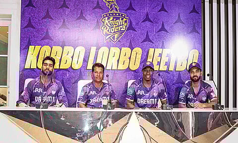 Vice-captain Venkatesh Iyer, head coach Chandrakant Pandit, mentor Dwayne Bravo and skipper Ajinkya Rahane at the KKR team press conference