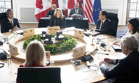 Japanese Foreign Minister Iwaya Takeshi, Canadian Foreign Minister Melanie Joly, US Secretary of State Marco Rubio, German Foreign Minister Annalena Baerbock, Italian Foreign Minister Antonio Tajani and EU foreign policy chief Kaja Kallas attend the G7 foreign ministers meeting (AP)