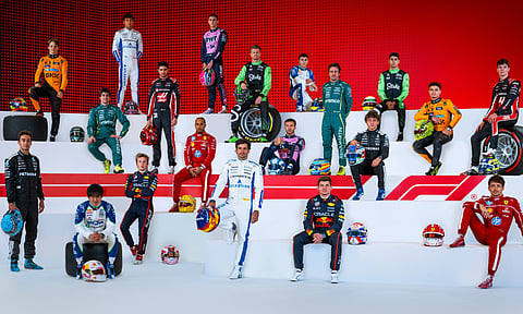 The 2025 Formula 1 drivers stand for the drivers photocall prior to F1 Testing at Bahrain International Circuit (X)
