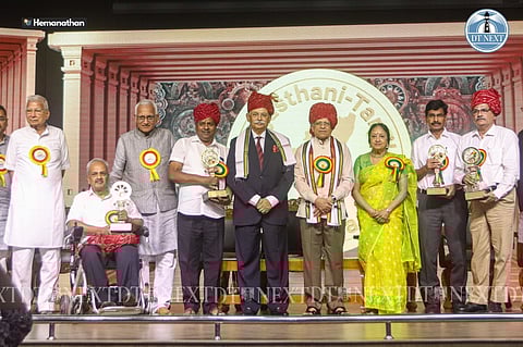 Chief justice of Madras High Court KR Shriram (5th from right) with the award recipients at DG Vaishnav College here on Sunday (Hemanathan M)