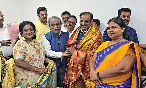 BJP leader Tamilisai Soundararajan felicitating ISRO chairman V Narayanan at an event in Arumbakkam on Sunday