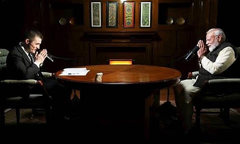 Prime Minister Narendra Modi during a podcast with Lex Fridman, on Sunday (PTI)