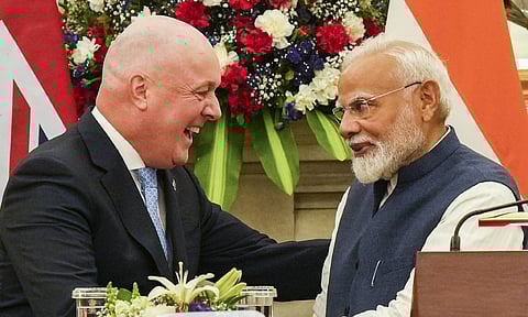 Prime Minister Narendra Modi and New Zealand's Prime Minister Christopher Luxon during a joint press conference, at the Hyderabad House in New Delhi (PTI) 