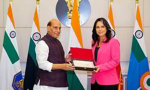 Defence Minister Rajnath Singh during a meeting with USA's Director of National Intelligence Tulsi Gabbard (PTI)