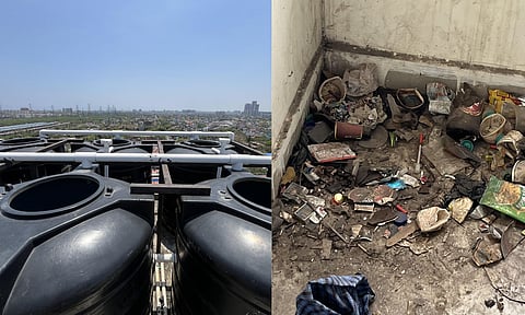Water tanks sans lid at the TNUHDB building in Vyasarpadi; an empty flat littered with syringes