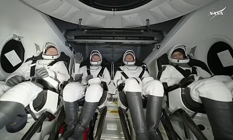 NASA astronauts Sunita Williams, Butch Wilmore and Nick Hague, and Russian cosmonaut Alexander Gorbunov inside a SpaceX capsule after it splashed down in the Gulf of Mexico, off the coast of Florida, USA, March 18, 2025 (@NASA via PTI Photo)
