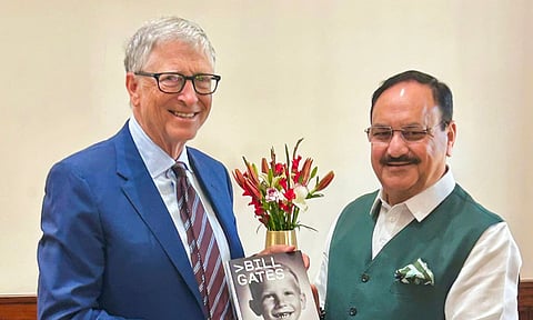 Union Health Minister and BJP National President J.P. Nadda with former CEO of Microsoft and Co-Chair of the Bill and Melinda Gates Foundation Bill Gates during a meeting (PTI)