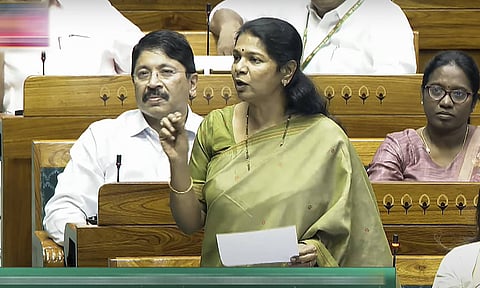 DMK MP Kanimozhi Karunanidhi speaks in the Lok Sabha during the Budget session of Parliament, in New Delhi (PTI)