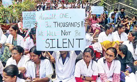 ESIC medical college students protesting on the campus after intern attack