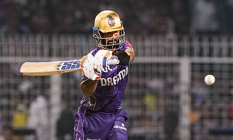 Ajinkya Rahane plays a shot during the Indian Premier League cricket match between Kolkata Knight Riders and Royal Challengers Bengaluru (PTI)