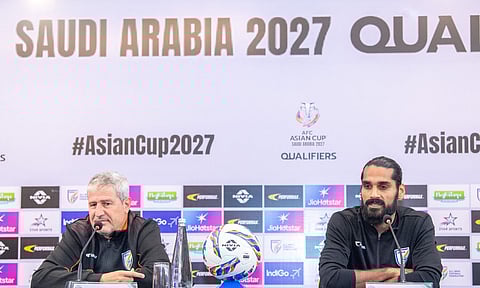 Head coach Manolo Marquez with Sandesh Jhingan during the pre-match press conference 