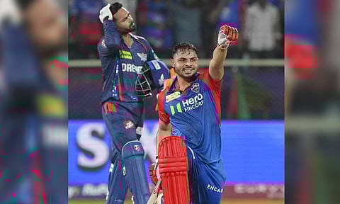  Delhi Capitals' batter Ashutosh Sharma celebrates after playing the winning shot during the Indian Premier League (IPL) 2025 match between Delhi Capitals and Lucknow Super Giants (PTI)