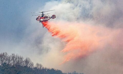 A Korea Forest Service helicopter dumps fire retardant on a wildfire in Uiseong, South Korea (AP)