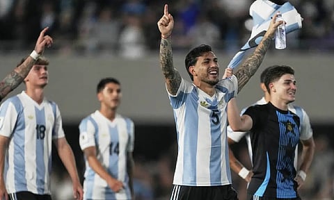 Argentina's Leandro Paredes celebrates after defeating Brazil in a World Cup 2026 qualifying soccer match at Monumental Stadium in Buenos Aires