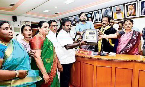 Finance Committee chairperson T Muthuselvan along with Mayor Mu Anbalagan presents the budget, on Wednesday