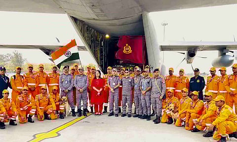 An 80-member team of NDRF prepares to depart for earthquake-hit Myanmar to assist in rescue operations, Saturday, March 29, 2025. (Credit: PTI)