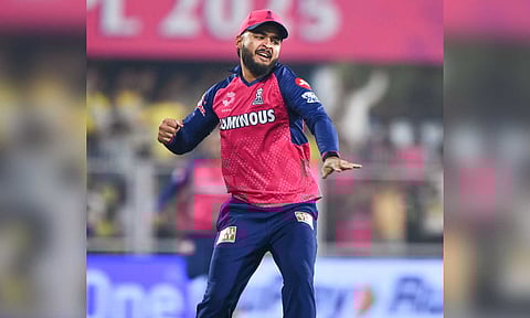 Riyan Parag during the match (PTI)