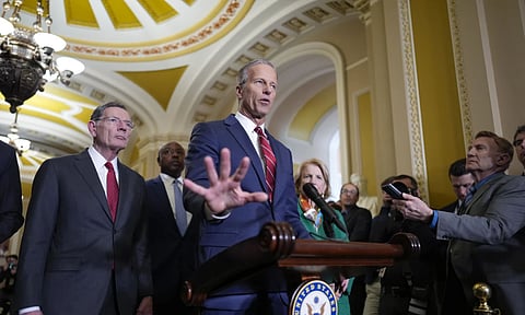 Senate Majority Leader John Thune, R-S.D., joined by Sen. John Barrasso, R-Wyo., the GOP whip, left, talks to reporters at the Capitol, in Washington (AP)