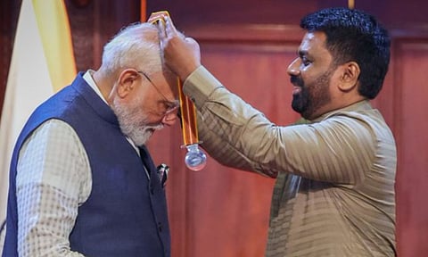 Prime Minister Narendra Modi was conferred with 'Mithra Vibhushana' award by Sri Lankan President Anura Kumara Dissanayake (Image/X)