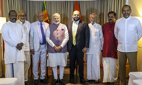 Prime Minister Narendra Modi during a meeting with leaders of the Tamil community, in Colombo, Sri Lanka (PTI) 