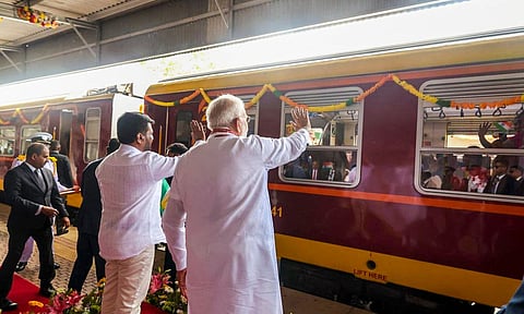 Prime Minister Narendra Modi Sri Lankan Executive President Anura Kumara Dissanayake during the inauguration of India-assisted railway modernisation projects in Anuradhapura (PTI)