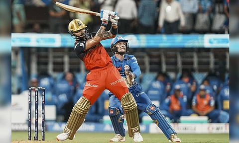 Virat Kohli plays a shot during the Indian Premier League (IPL) 2025 cricket match between MI and RCB, at the Wankhede Stadium in Mumbai (PTI)