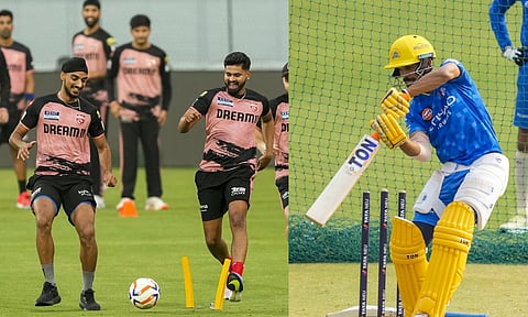 Punjab Kings players during practice session; CSK skipper Ruturaj plays a shot during practice session
