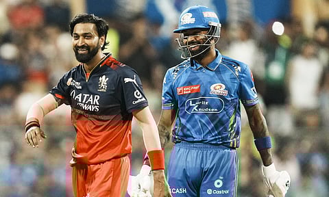 Hardik Pandya and Krunal Pandya during an Indian Premier League (IPL) 2025 cricket match between MI and RCB, at the Wankhede Stadium in Mumbai (PTI) 