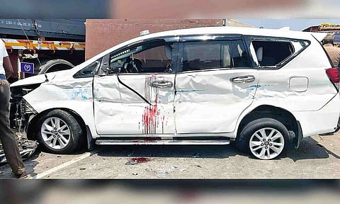 Avadi City Police Commissioner’s car that rear-ended another vehicle on GNT Road, on Monday