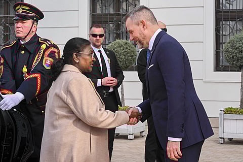President Droupadi Murmu with Slovak President Peter Pellegrini during her ceremonial welcome at the President's Palace in Bratislava, Slovakia (PTI)