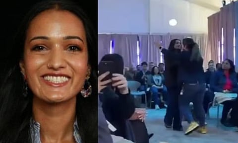Indian-American software engineer Vaniya Agrawal; a screengrab from her act of dissent at a Microsoft event last week (Photos | LinkedIn/ X)