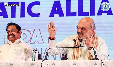 Still of AIADMK chief Edappadi Palaniswami and Union Home Minister and BJP leader Amit Shah from an press conference (Image: Hemanathan)