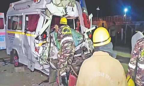 Mangled remains of the ambulance in Tirupur