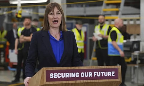 Chancellor of the Exchequer, Rachel Reeves speaks during a visit to the Jaguar Land Rover car factory in Birmingham, England, April 7, 2025 (AP) 