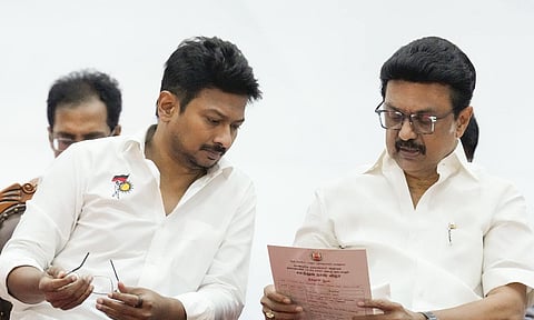 Tamil Nadu Chief Minister MK Stalin with Deputy CM Udhayanidhi Stalin during distribution of welfare schemes at an event held on the birth anniversary of BR Ambedkar, in Chennai, Monday, April 14, 2025 (PTI) 