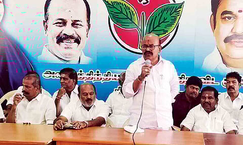 ‘Pollachi’ Jayaraman addressing cadre at Tirupur on Monday