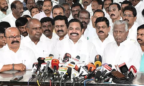 Leader of the opposition Edappadi K Palaniswami speaking to reporters outside the TN Assembly 