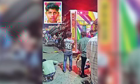 The capsized bus and deceased Surya (inset) 