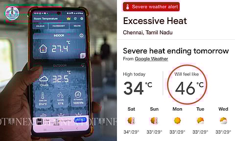 (L-R) Temperature recorded inside the new AC EMU; temperature recorded in Chennai city 