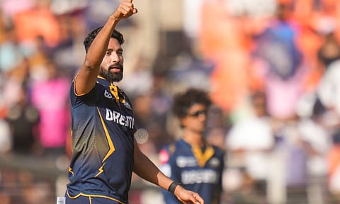 Gujarat Titans' bowler Mohammed Siraj celebrates the wicket of Delhi Capitals' batter Tristan Stubbs during the Indian Premier League (IPL) 2025 cricket match between Gujarat Titans and Delhi Capitals (PTI)