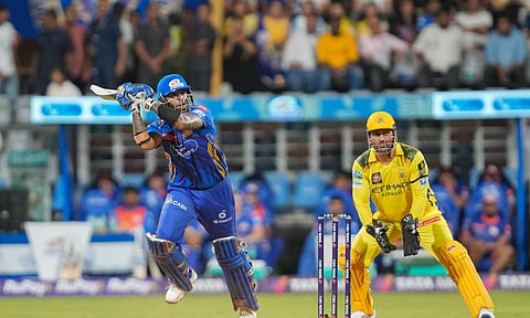 MI batsman Suryakumar Yadav plays a shot during the Indian Premier League (IPL) T20 cricket match between Mumbai Indians and Chennai Super Kings, in Mumbai, Sunday (PTI)