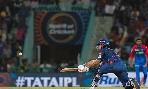  Mitchell Marsh plays a shot during the match between Lucknow Super Giants and Delhi Capitals (PTI)