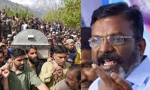 People carry the mortal remains of Adil Hussain Shah, who was killed in the terror attack at Pahalgam, during his funeral, in Anantnag district, Jammu and Kashmir, Wednesday, April 23, 2025; VCK leader Thol Thirumavalavan (PTI) 