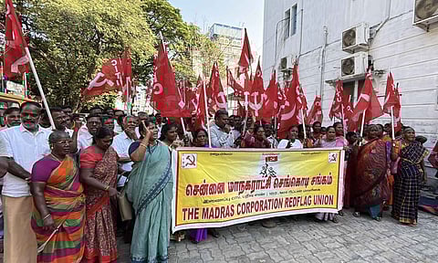 Madras Corporation Red Flag Union members engaging in a protest on the Corporation premises on Wednesday