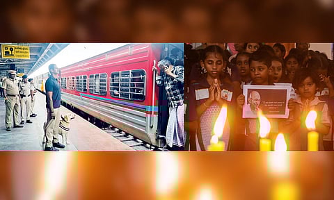 (L-R) Security amplified at Tirunelveli Railway station; students of Thakkar Bapa Vidyalaya during s candlelight vigil